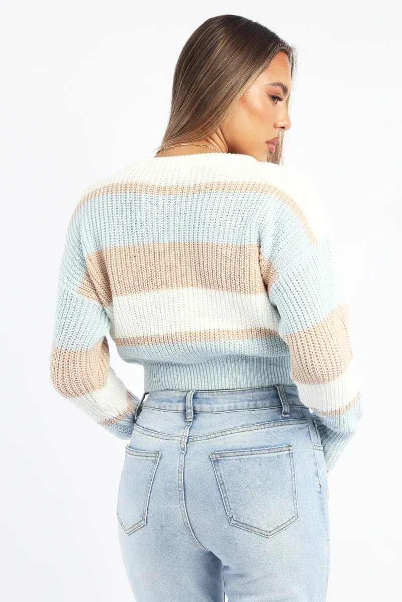 Beige Stripe Knit Top Long Sleeve Color Block