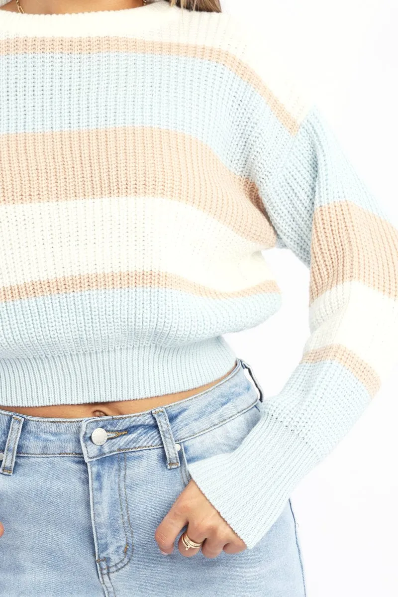 Beige Stripe Knit Top Long Sleeve Color Block