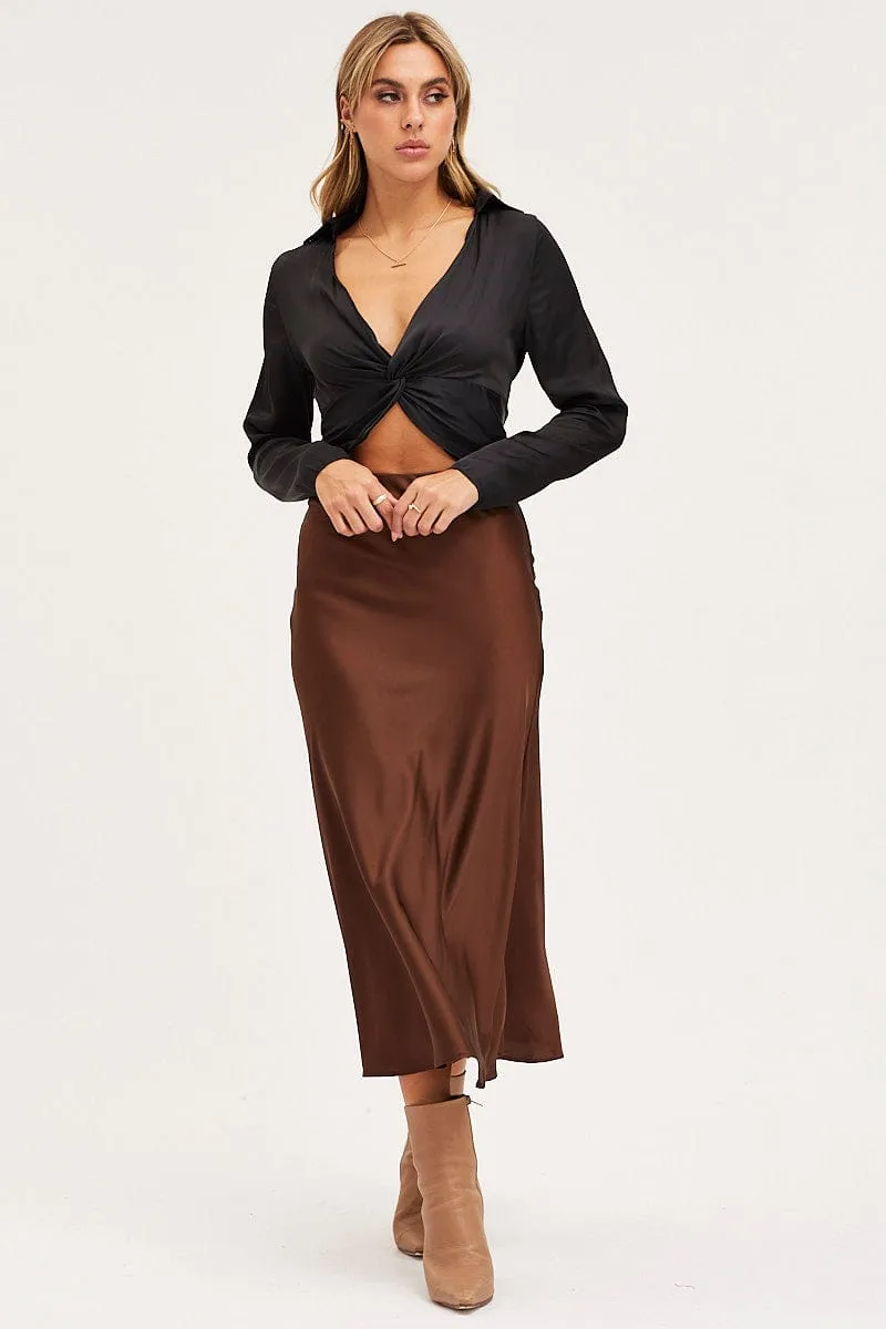 Black Crop Top Long Sleeve Satin