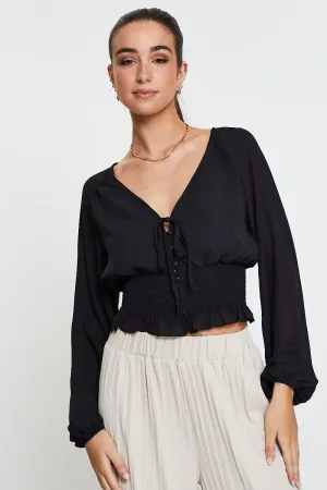 Black Crop Top Long Sleeve V-Neck