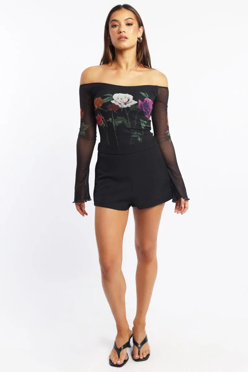 Black Floral Off Shoulder Top Mesh