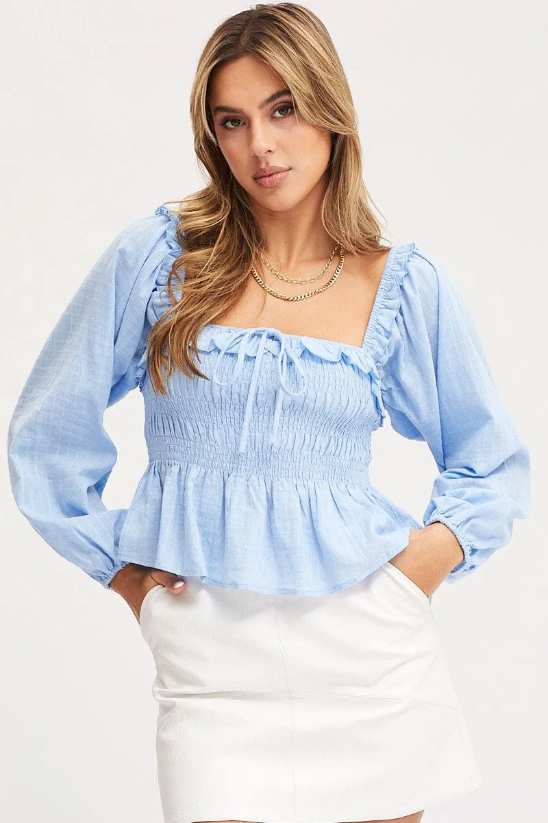 Blue Peplum Top Long Sleeve Semi Crop