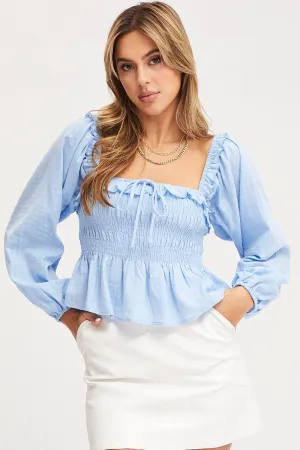 Blue Peplum Top Long Sleeve Semi Crop