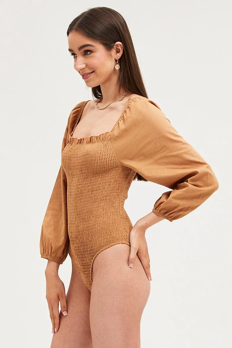 Brown Bodysuit Top Long Sleeve