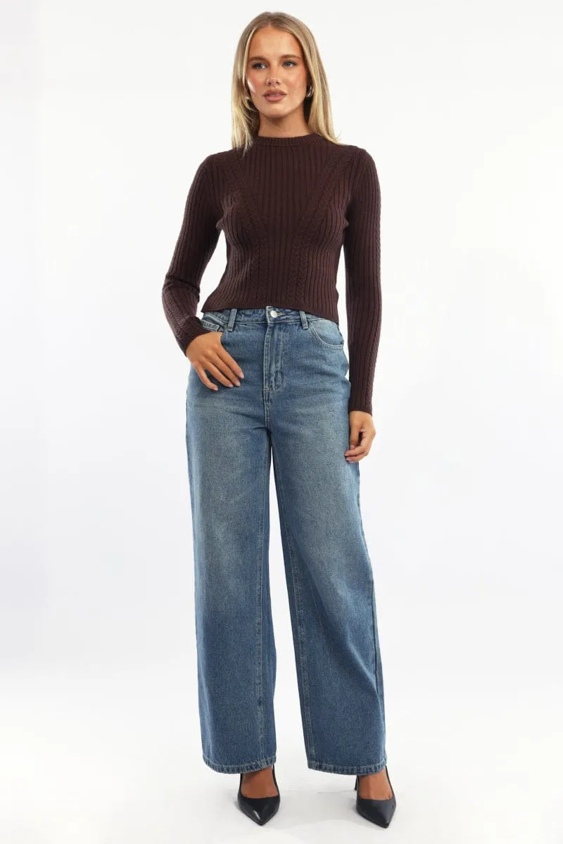 Brown Cable Knit Top Long Sleeve