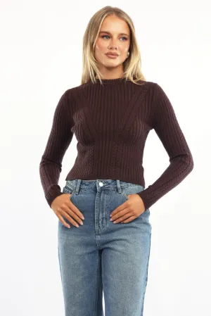 Brown Cable Knit Top Long Sleeve