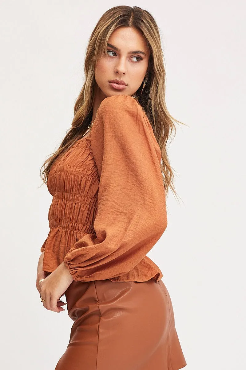 Brown Peplum Top Long Sleeve