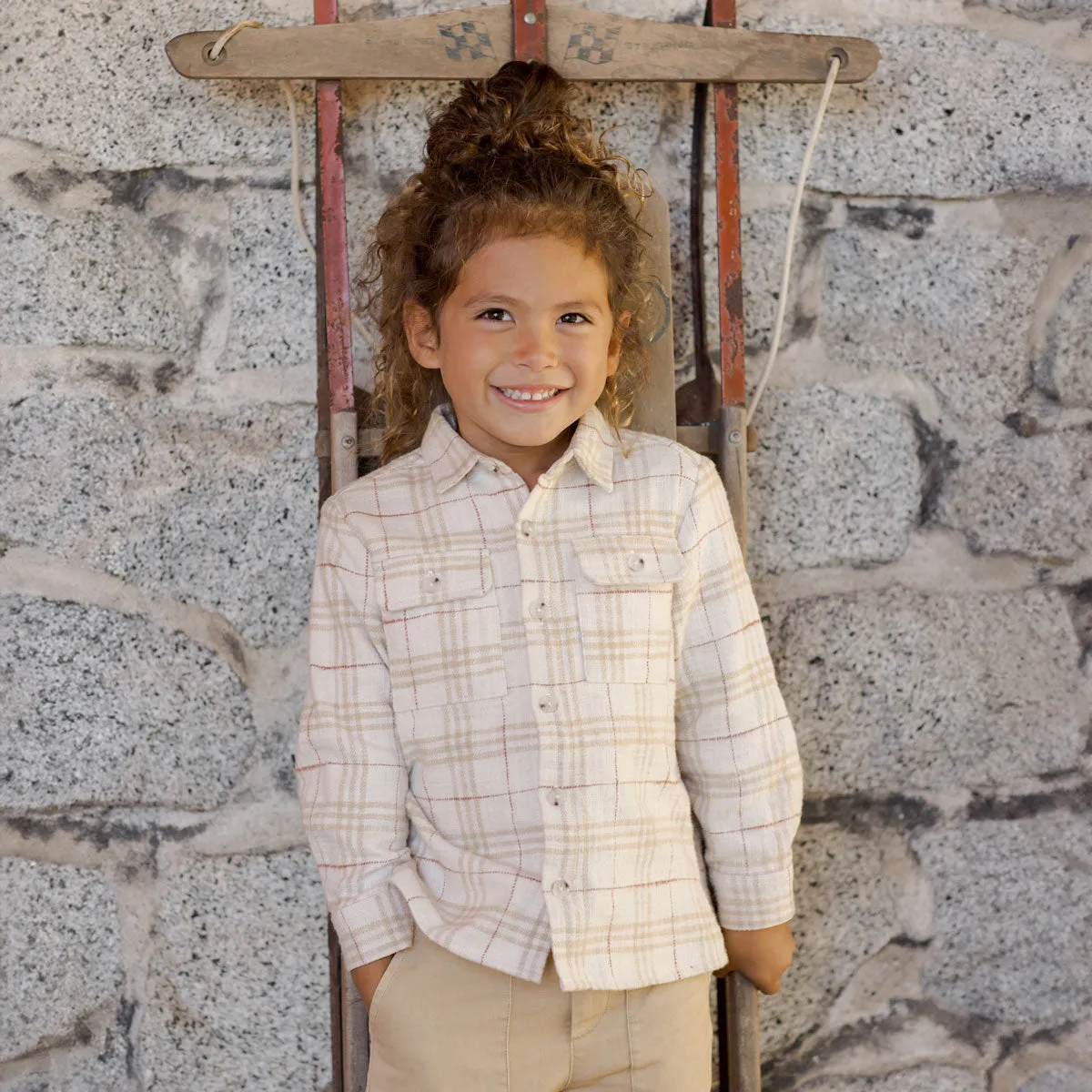 Collared Long Sleeve Shirt - Vintage Plaid - Natural / Gold / Brick - FINAL SALE