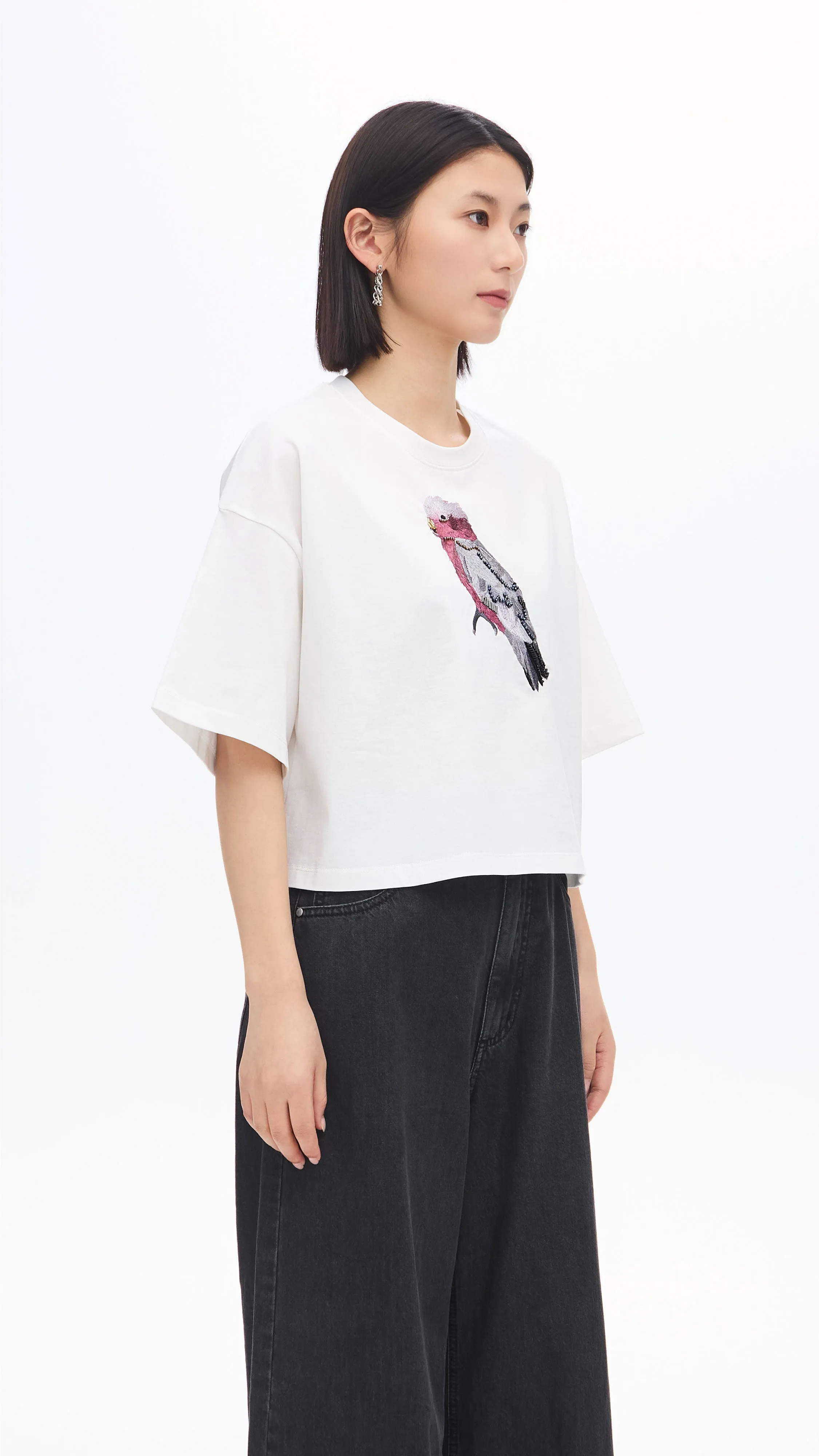 Cropped Parrot Graphic Embroidery Tee