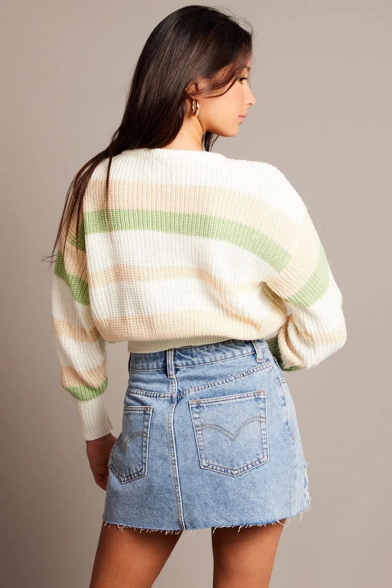 Green Stripe Knit Top Long Sleeve Color Block
