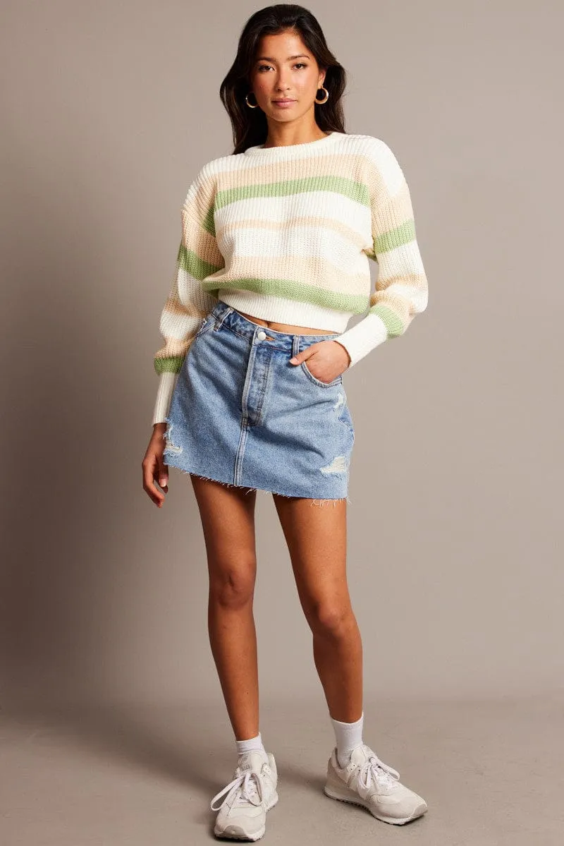 Green Stripe Knit Top Long Sleeve Color Block