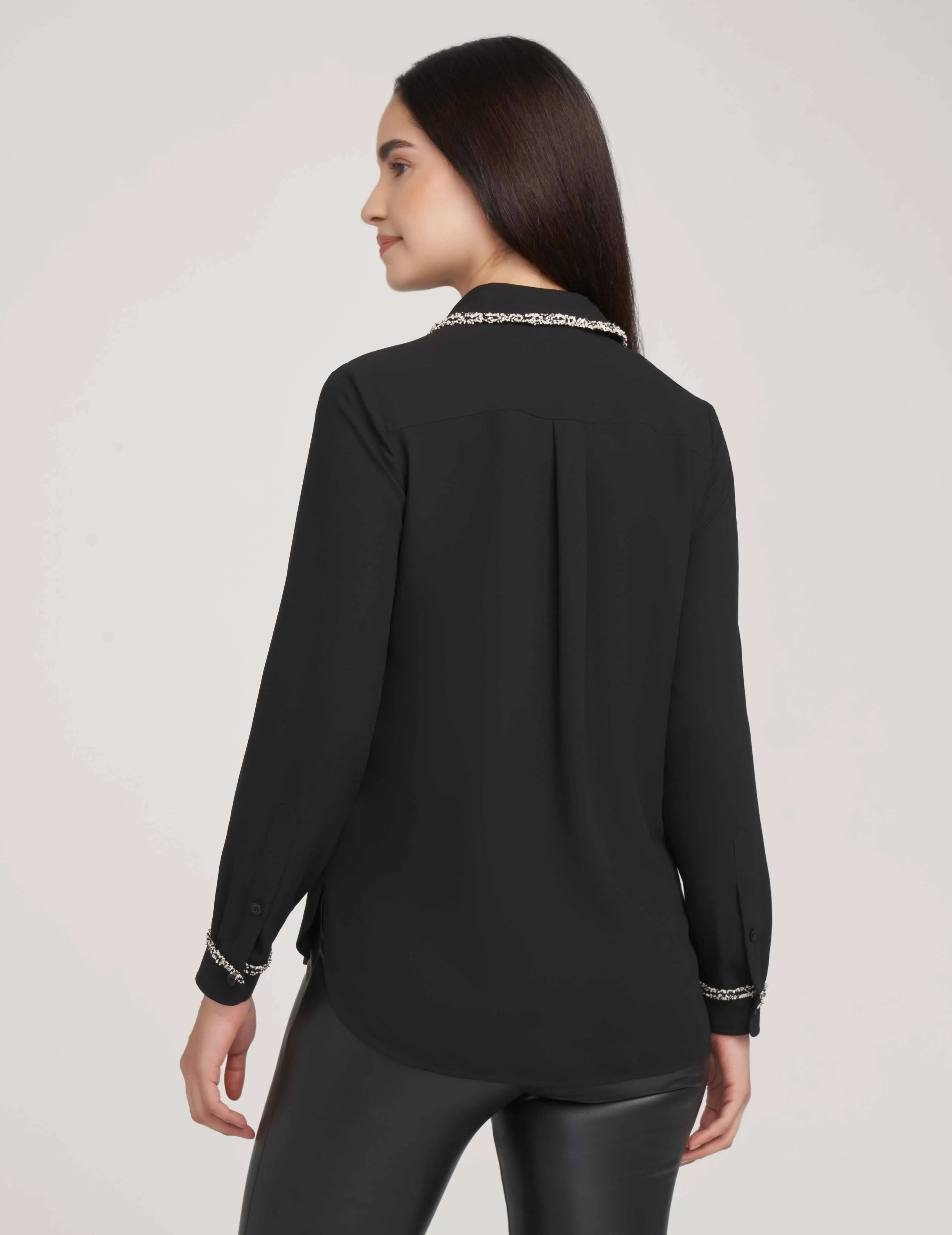 Long Sleeve Button Up Blouse With Novelty Trim- Sale