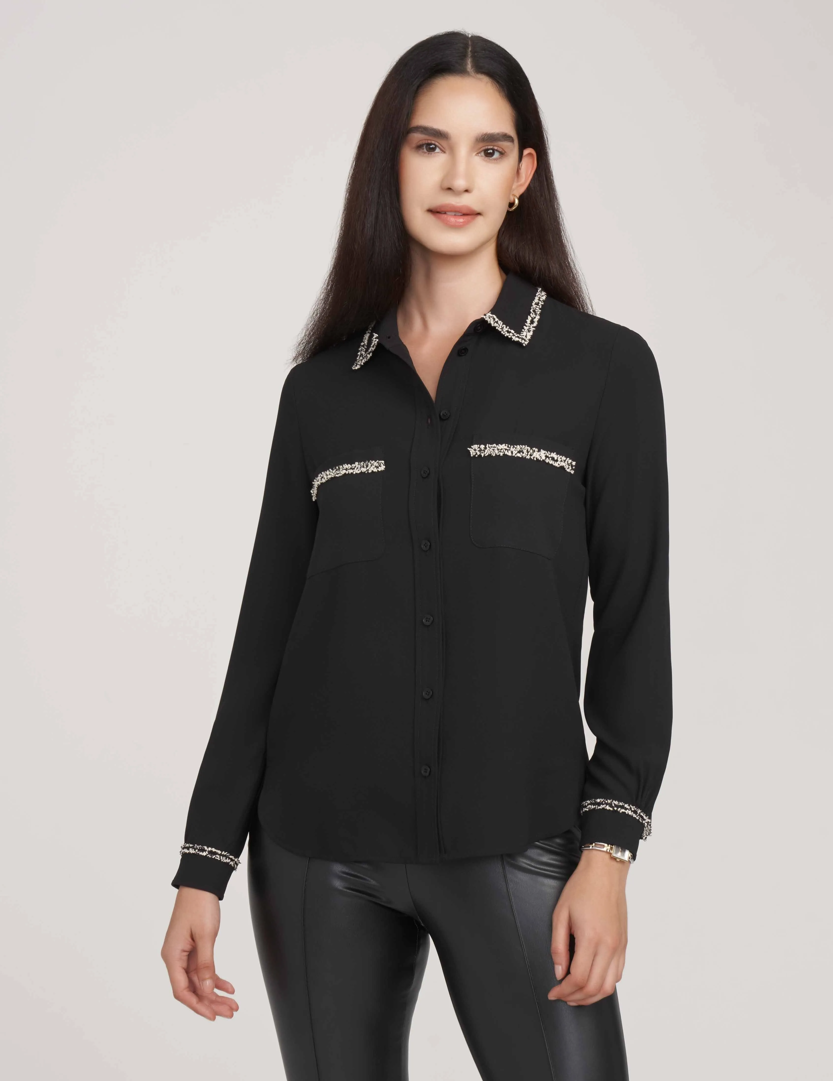 Long Sleeve Button Up Blouse With Novelty Trim- Sale