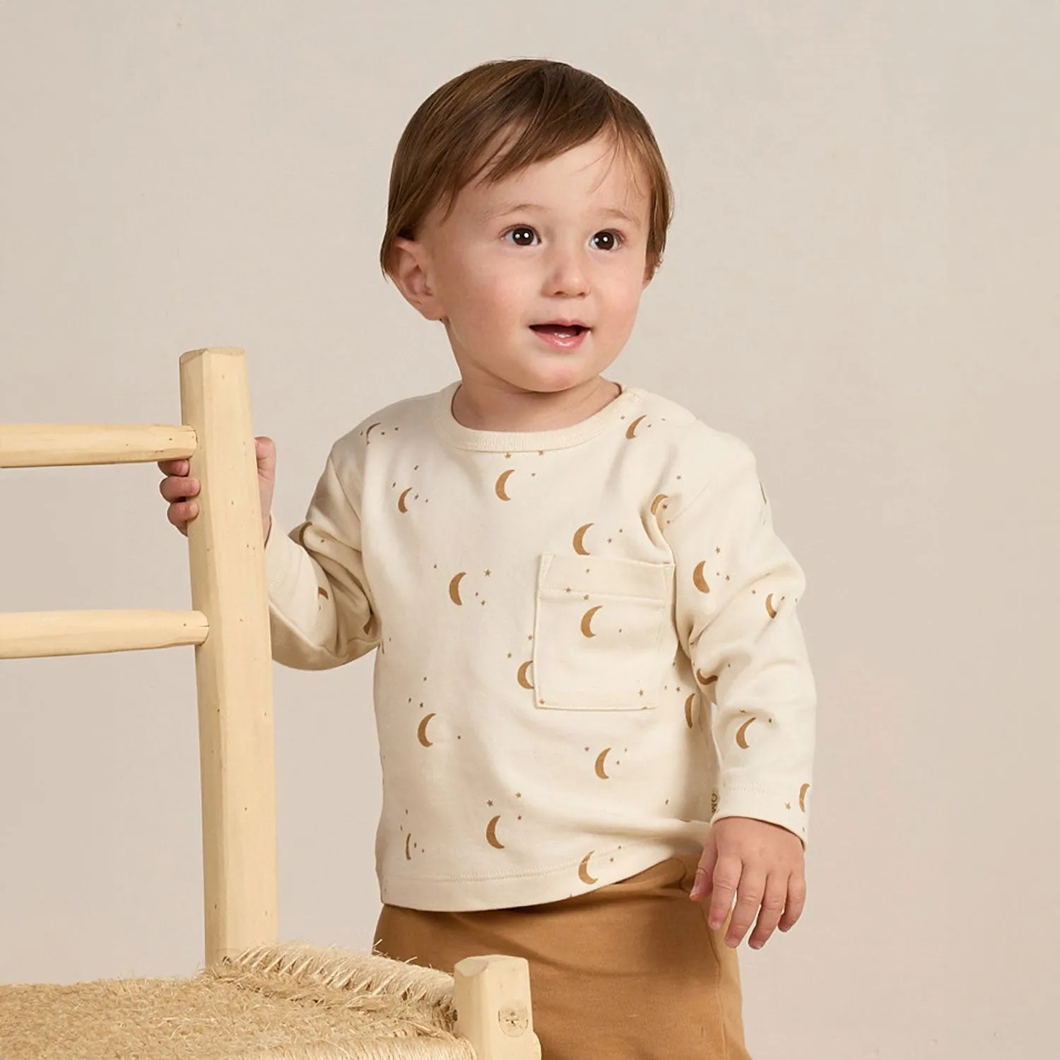 Long Sleeve Pocket Tee - Moons - Natural - FINAL SALE