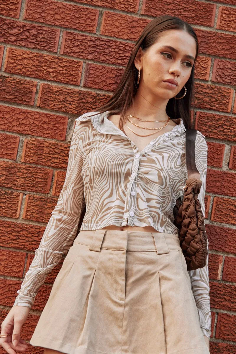 Marble Print Top Long Sleeve Midriff Mesh
