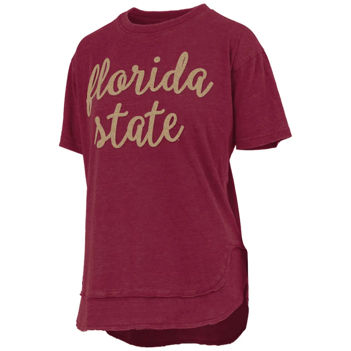 Pressbox Women's Florida State Chenille Design Short Sleeve Hi-Lo Top - Garnet