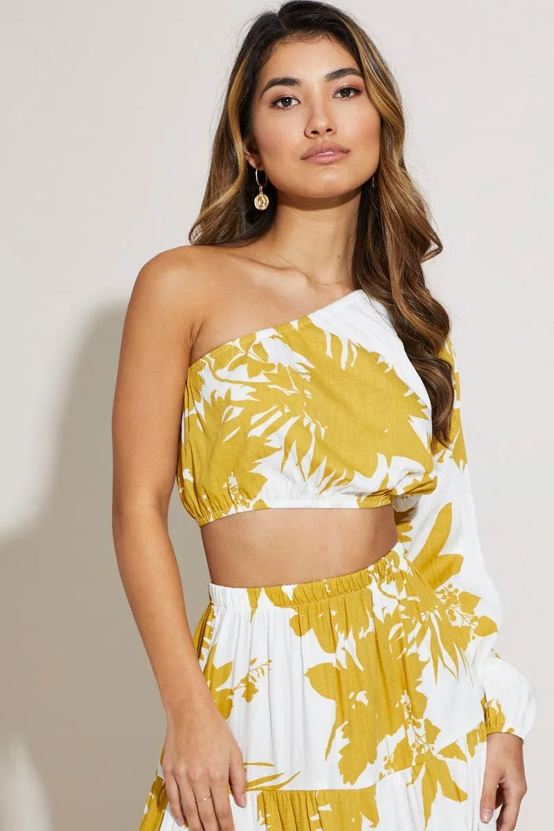 Print Crop Top One Shoulder Long Sleeve