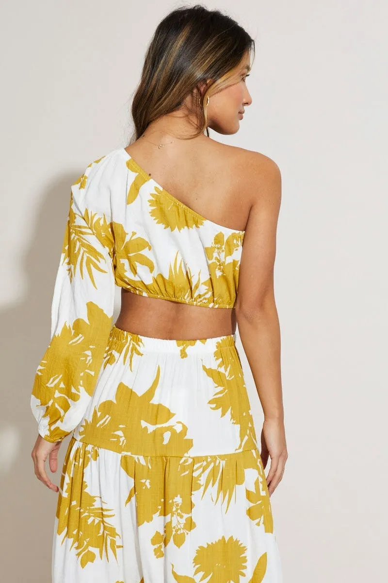 Print Crop Top One Shoulder Long Sleeve