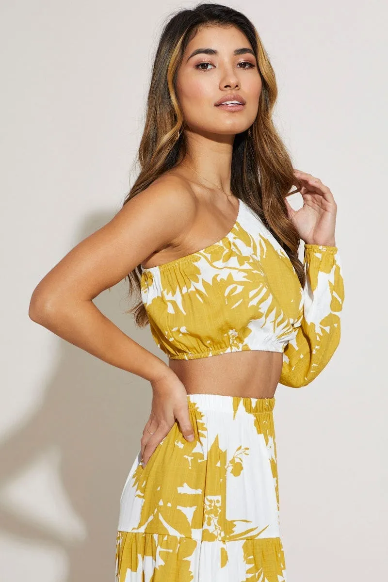Print Crop Top One Shoulder Long Sleeve