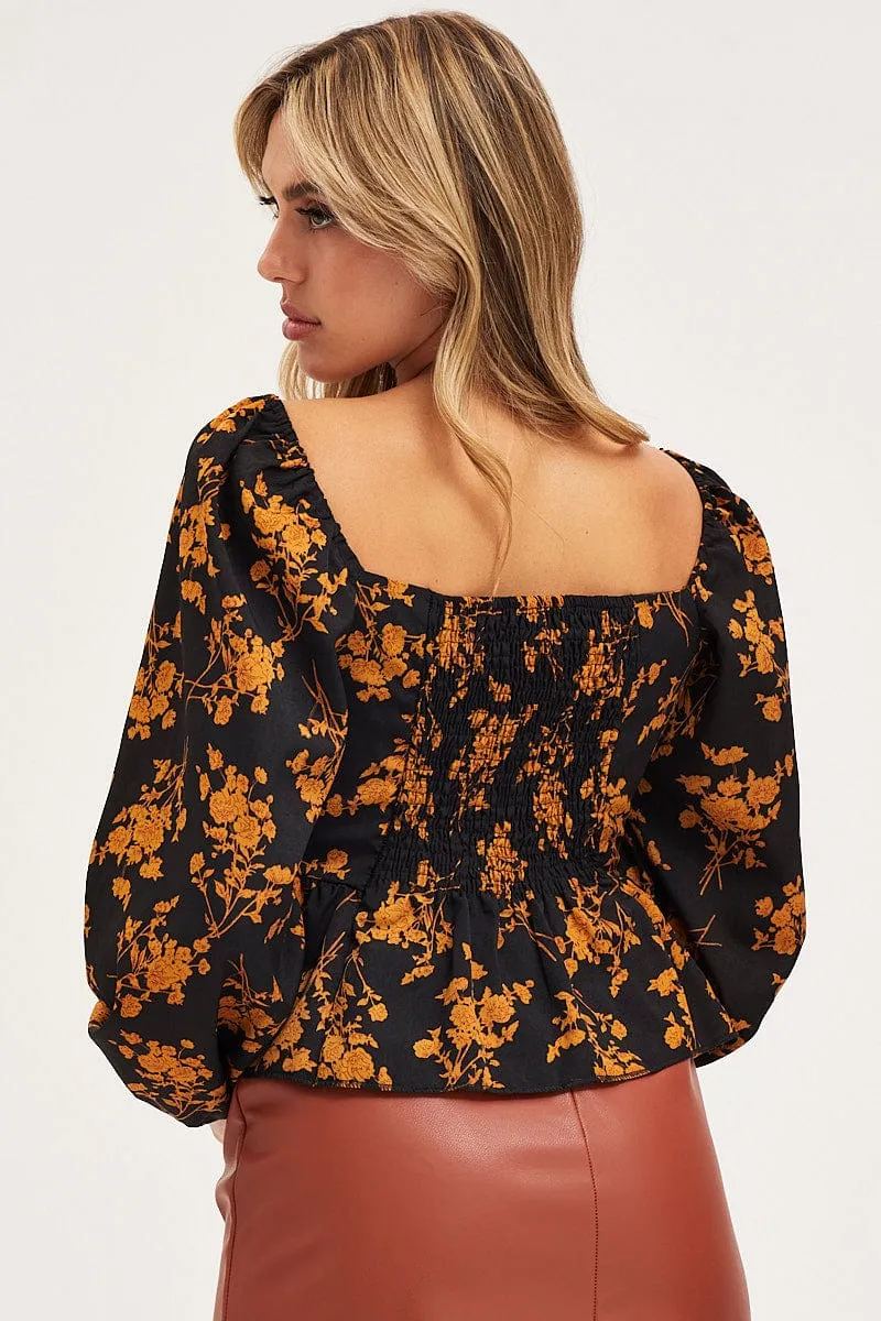 Print Peplum Top Long Sleeve