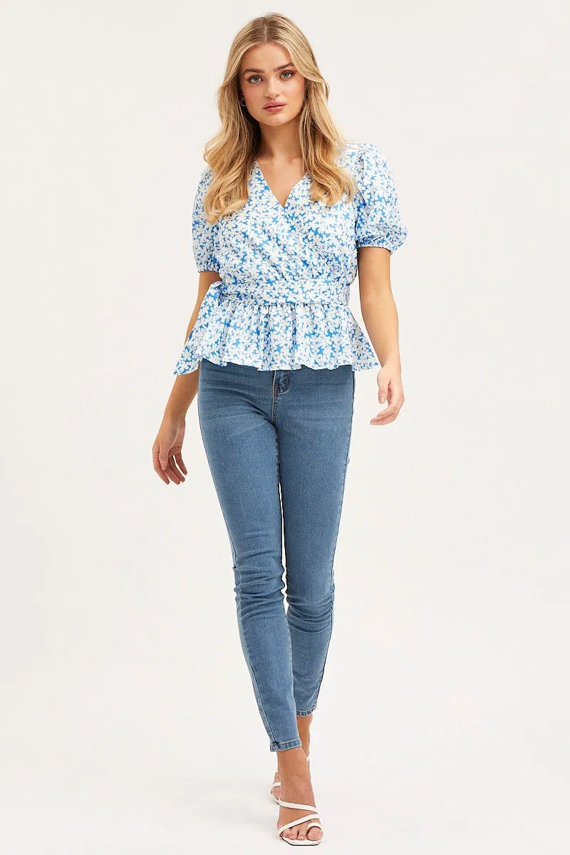 Print Wrap Top Long Sleeve Peplum