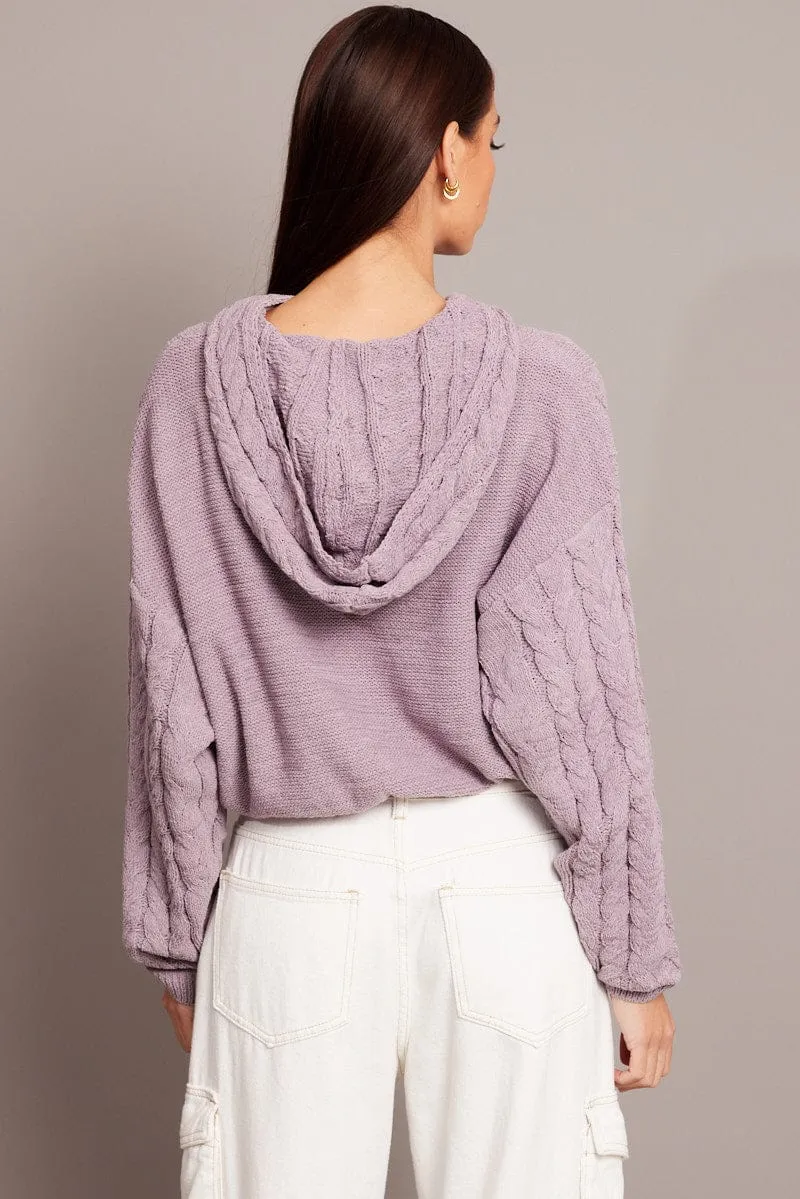 Purple Cable Knit Top Long Sleeve Hoodie