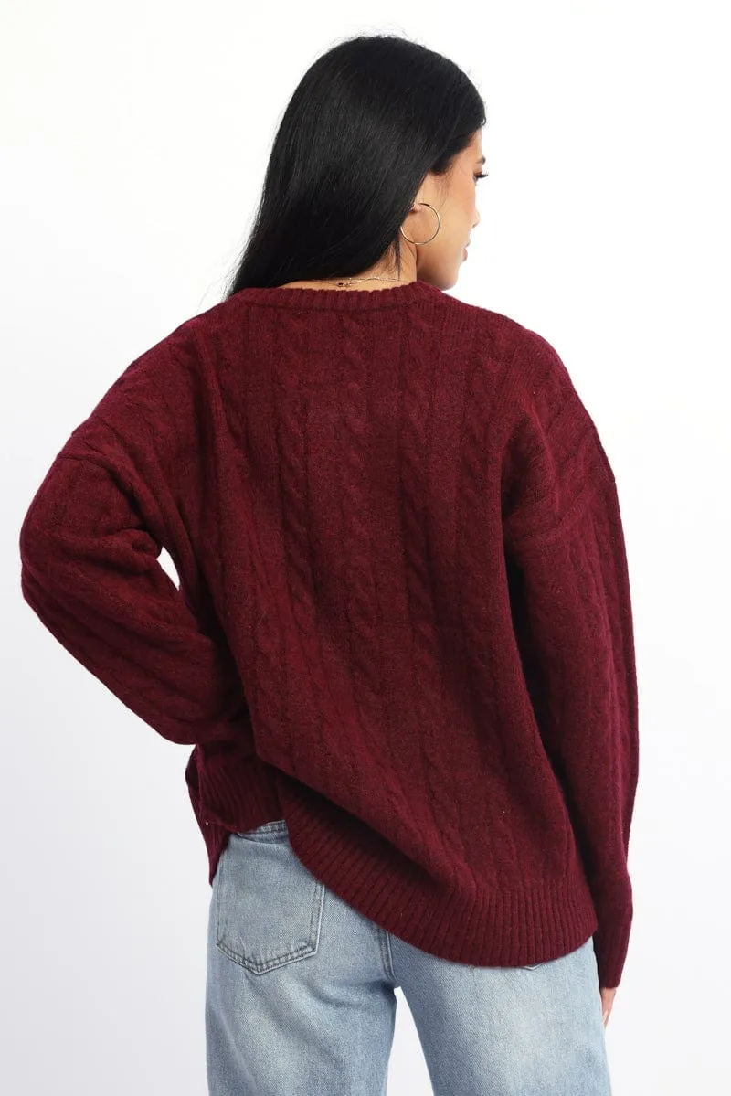 Red Knit Jumper Long Sleeve Cable