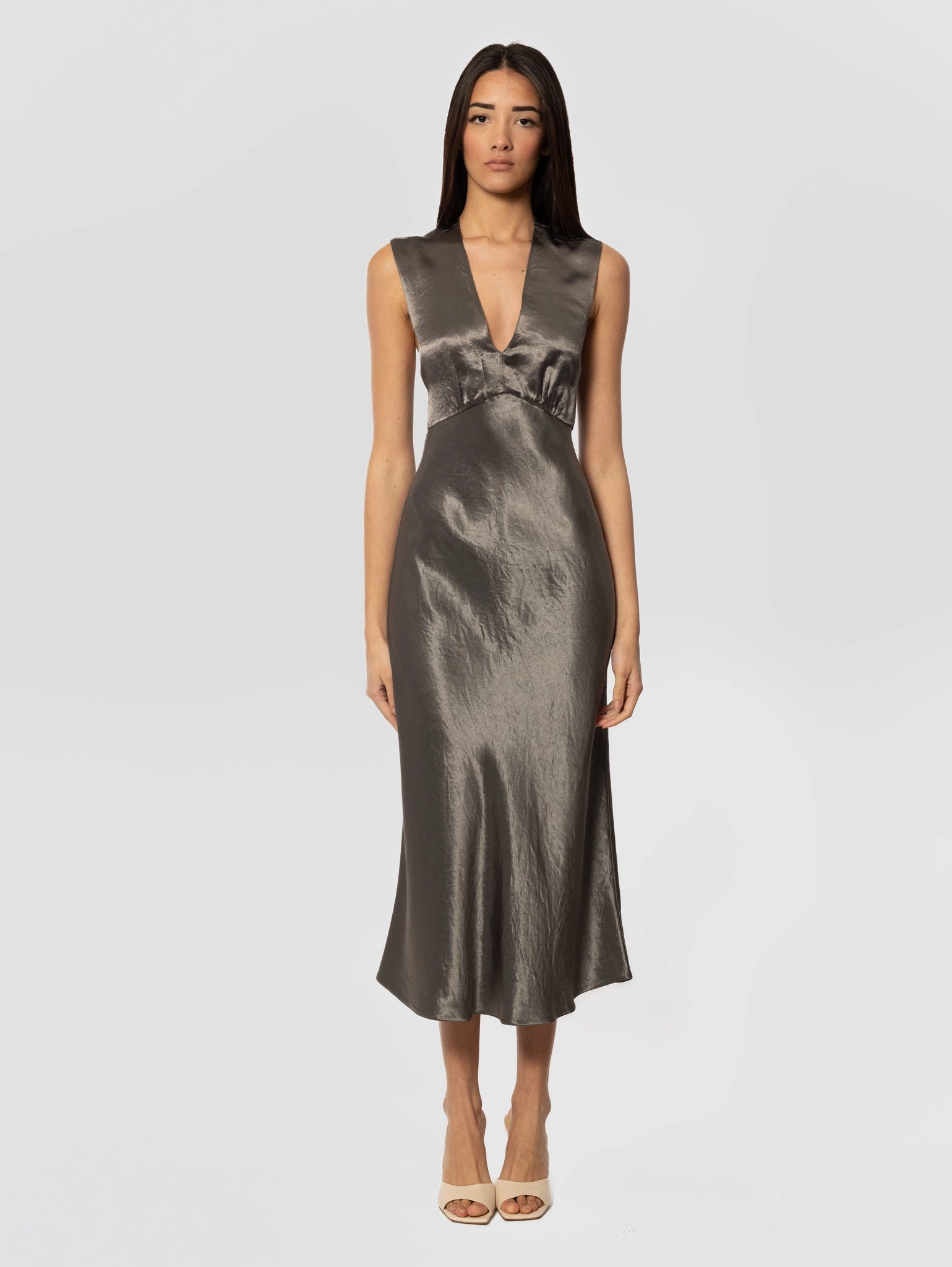 Satin Dress with Deep V-Neck Glizia Dark Green