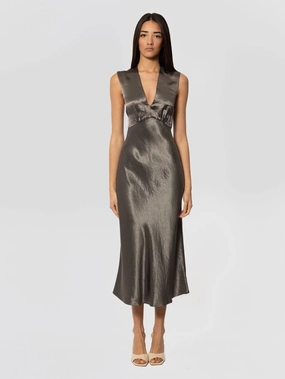 Satin Dress with Deep V-Neck Glizia Dark Green