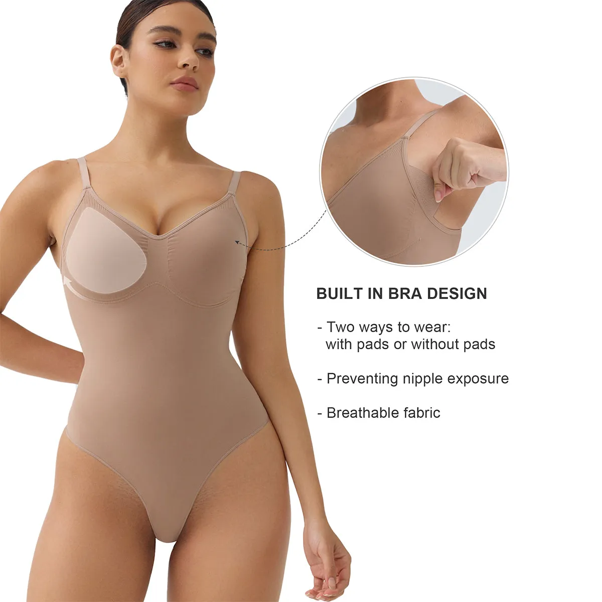 SHAPERX Bodysuit Tummy Control Removable Pads Shapewear Seamless Sculpt Body Shaper For Women