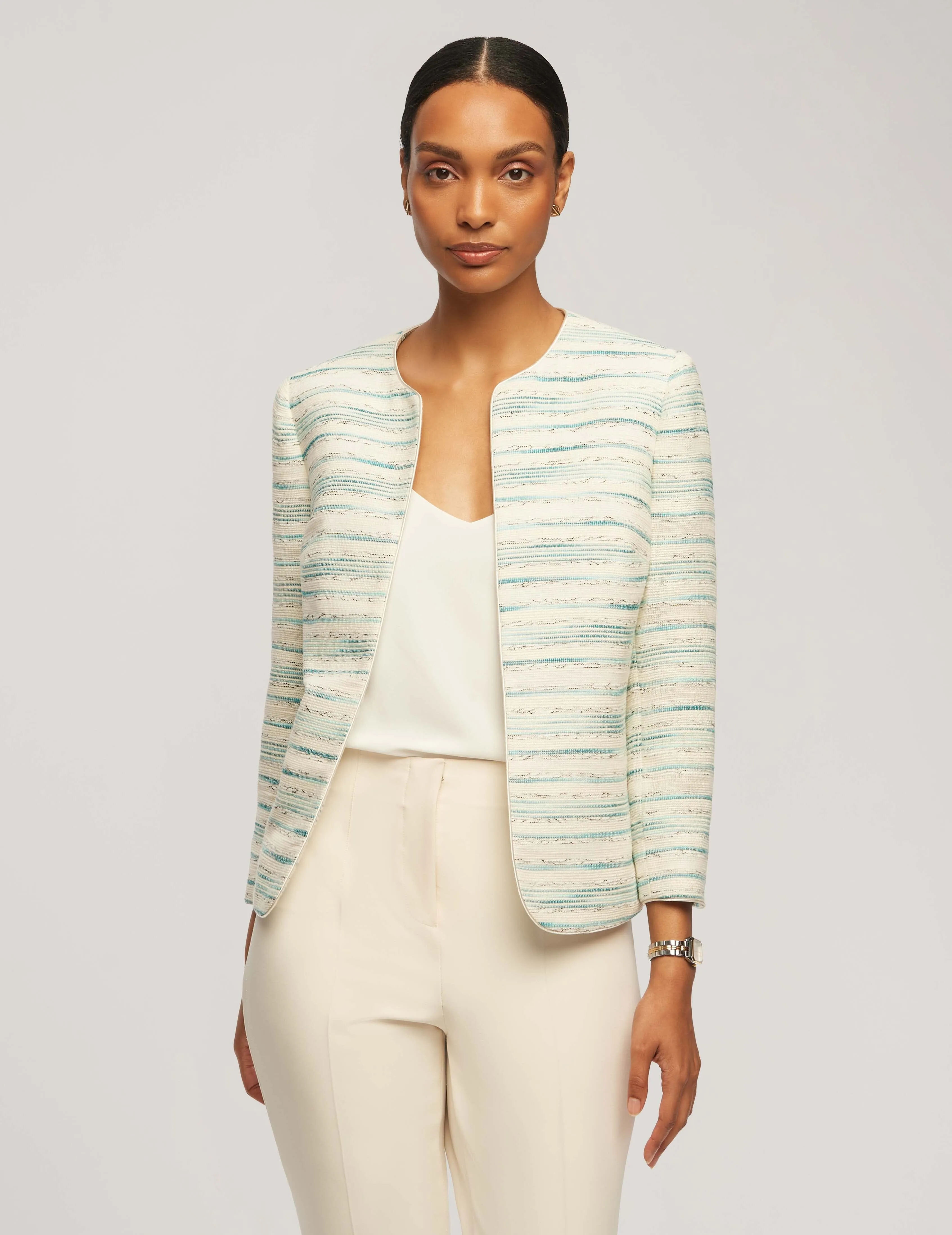 Stripe Tweed Piped Cardigan Jacket- Sale