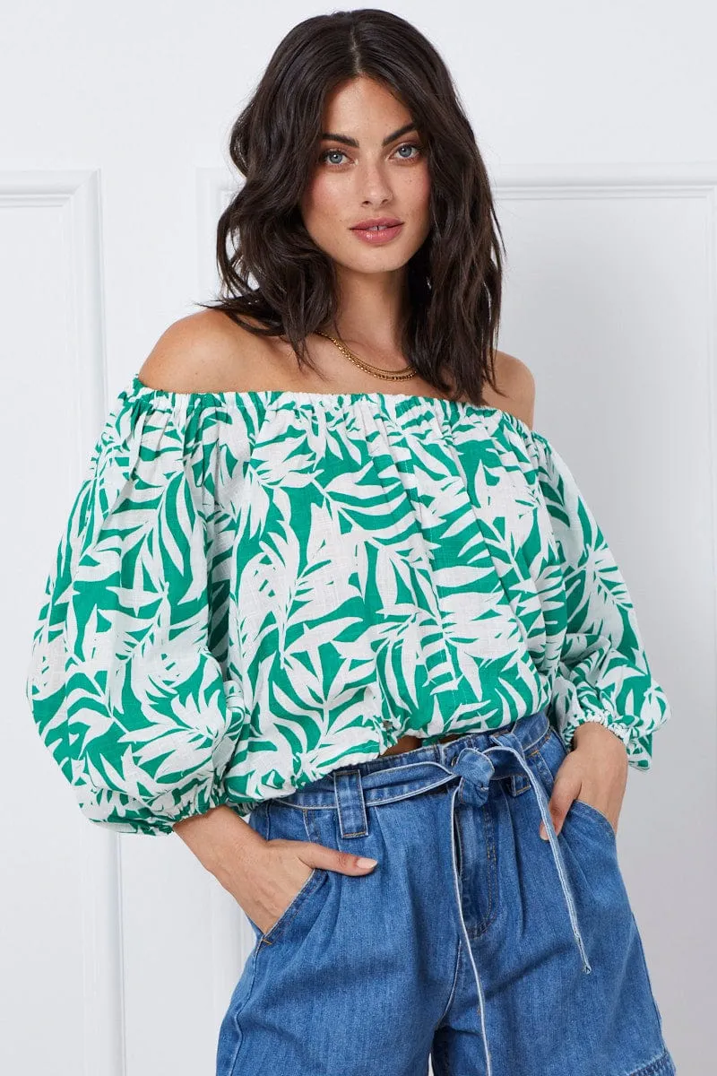 Trop Print Crop Top Long Sleeve Off Shoulder
