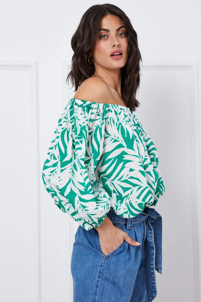 Trop Print Crop Top Long Sleeve Off Shoulder