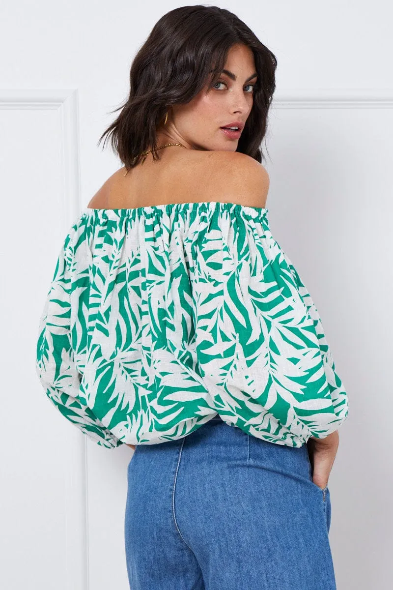 Trop Print Crop Top Long Sleeve Off Shoulder