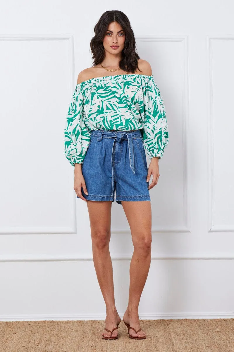 Trop Print Crop Top Long Sleeve Off Shoulder