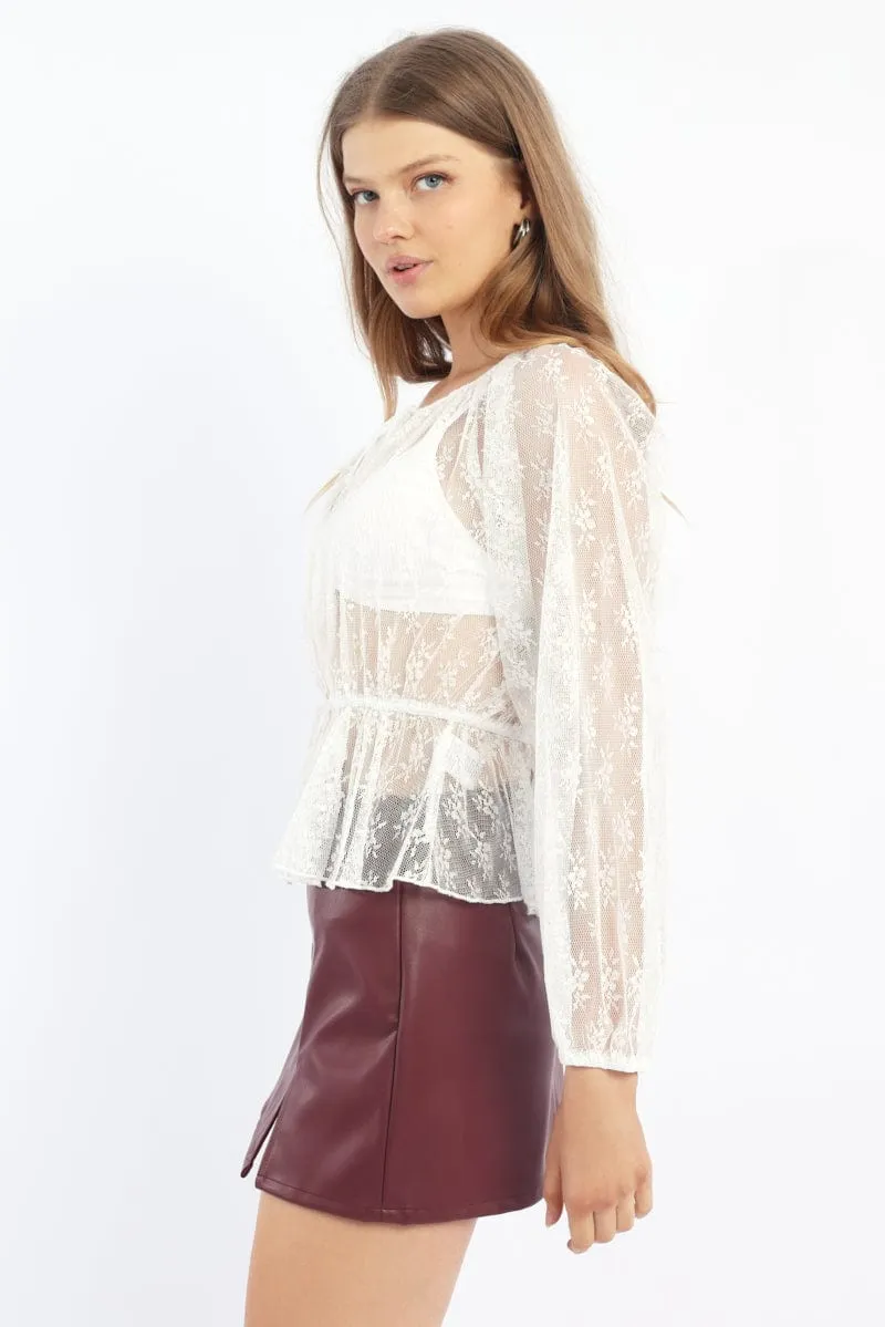 White Lace Top Long Sleeve Round Neck Tie Front