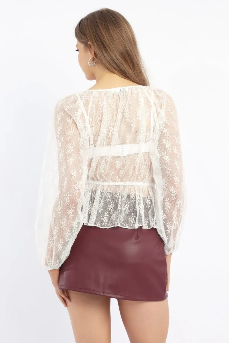 White Lace Top Long Sleeve Round Neck Tie Front