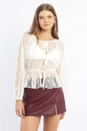 White Lace Top Long Sleeve Round Neck Tie Front