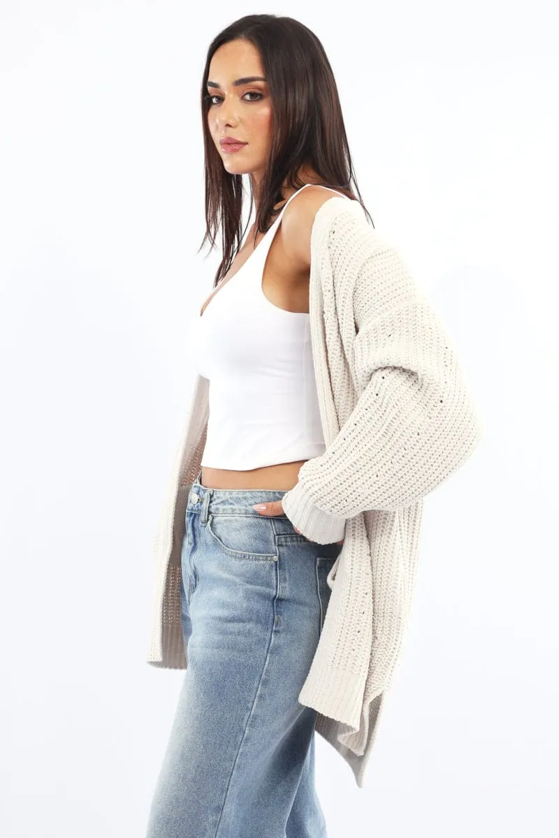White Longline Chenile Cardigan