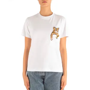 Women's Cat On Pocket Embroidery T-shirt White