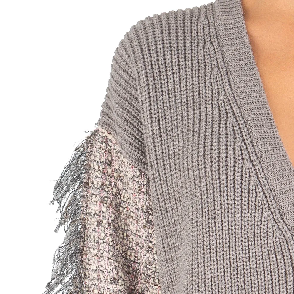 Women's Ribbed And Tweed Patchwork Maglia Cardigans Beige