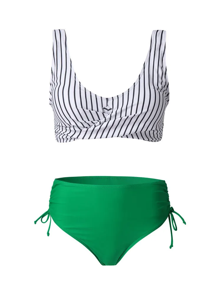 Women's Striped Fold Crop Ruched Side Bikinis Swimsuit